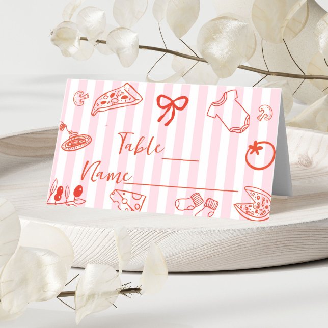 Red & Pink Hand Drawn Pizza Baby Shower Place Card (Red and Pink Hand Drawn Pizza Place card)