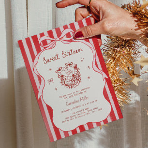Red & Pink Hand Drawn Sweet Sixteen Birthday Party Invitation