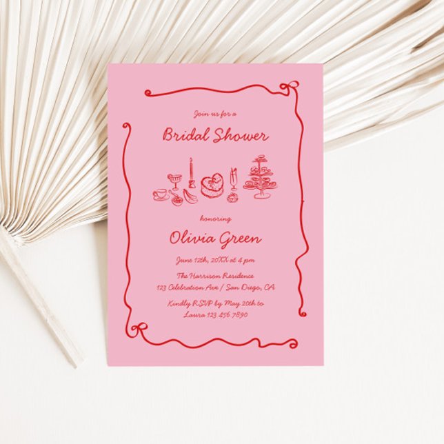 Red Pink Handwritten Bow Frame Bridal Shower Invitation (Creator Uploaded)