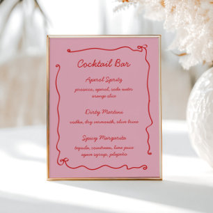 Red Pink Handwritten Bridal Shower Cocktail Bar Poster