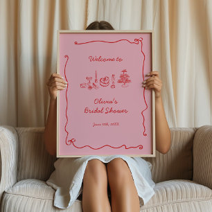 Red Pink Handwritten Bridal Shower Welcome Poster