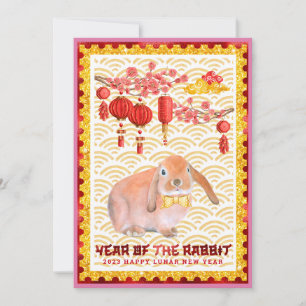 Red Pink Happy Lunar New Year of the Rabbit Photo Holiday Card