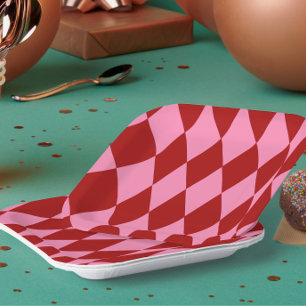 Red Pink Harlequin Checkered Design  Paper Plate