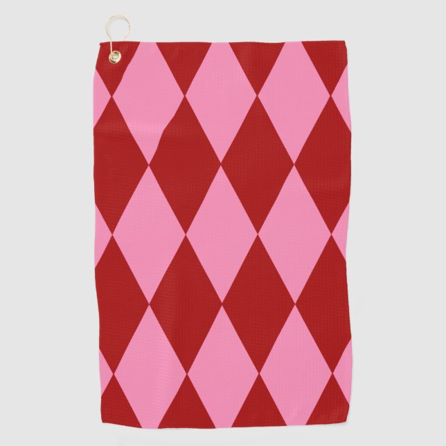 Red Pink Harlequin Chequered Design  Golf Towel (Front)