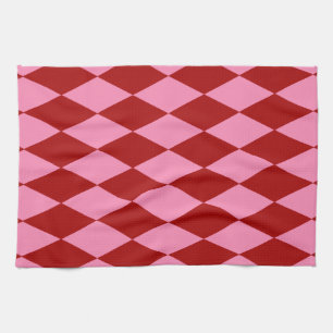 Red Pink Harlequin Chequered Design Tea Towel