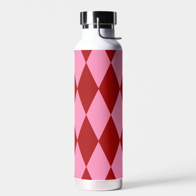 Red Pink Harlequin Chequered Design  Water Bottle (Left)