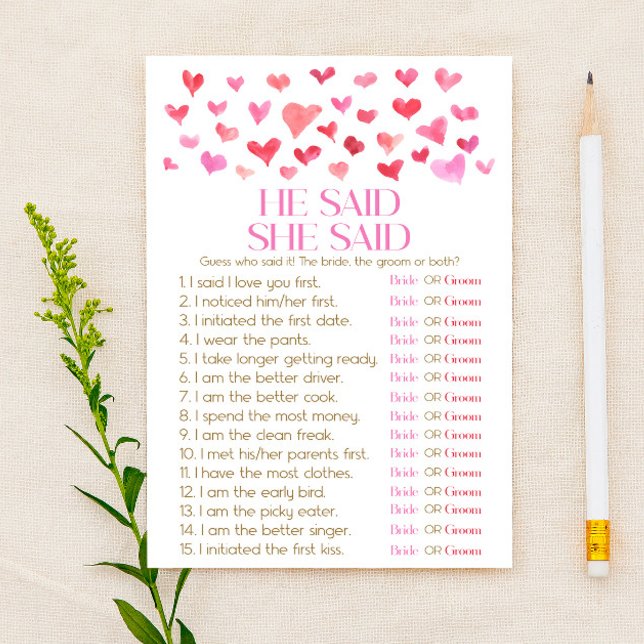 Red Pink He Said She Said Bridal Shower Game Stationery (Creator Uploaded)