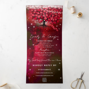 Red & Pink Heart Leaf Tree on Black Wedding Tri-Fold Invitation