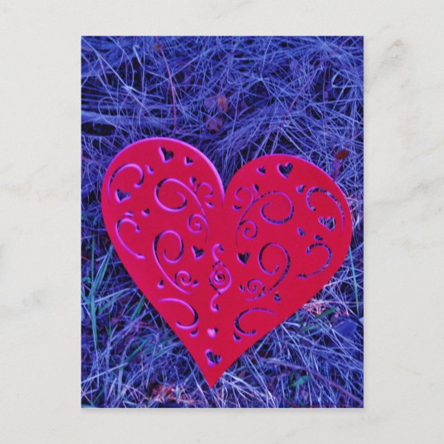 Red  Pink  heart on purple grass. Postcard (Front)