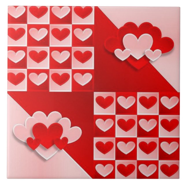 Red Pink Hearts Decorative Ceramic Tile (Front)