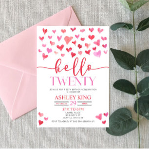 Red Pink Hearts Hello Twenty 20th Birthday Party Invitation