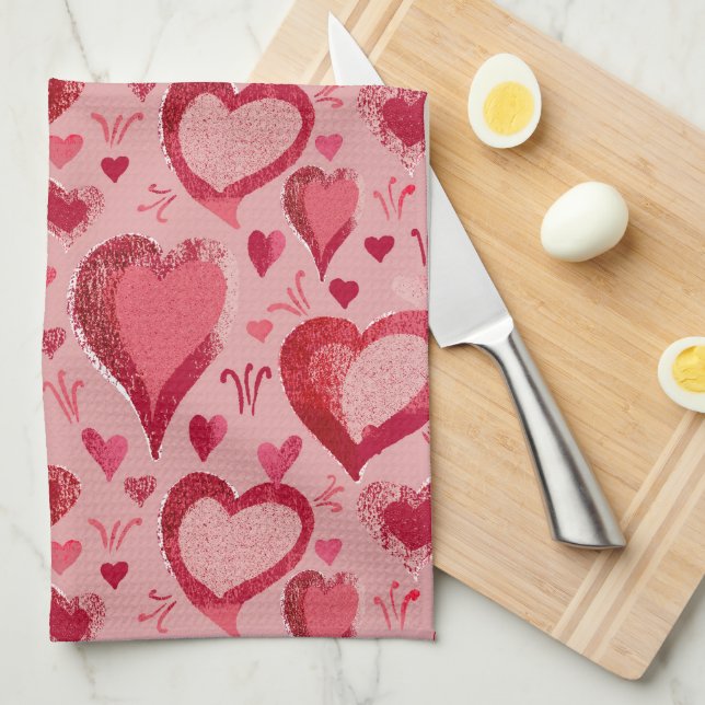 Red Pink Hearts Pattern Drawing Tea Towel (Quarter Fold)