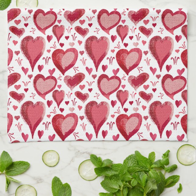 Red Pink Hearts Pattern Drawing Valentine`s Day Tea Towel (Folded)