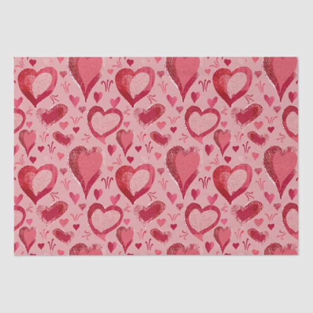 Red Pink Hearts Pattern Drawing Valentine`s Day Tissue Paper (Front)