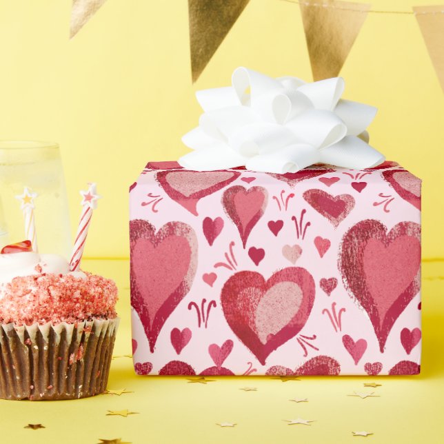 Red Pink Hearts Pattern Drawing Valentine`s Day Wrapping Paper (Birthday Party)
