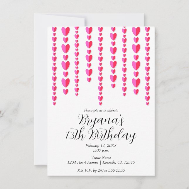 Red Pink Hearts Valentine Birthday Party Invitation (Front)