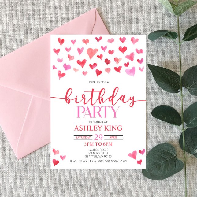 Red Pink Hearts Valentine Birthday Party  Invitation (Creator Uploaded)