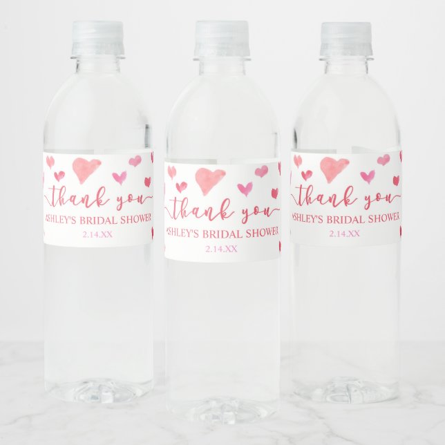 Red Pink Hearts Valentine Bridal Shower Party Water Bottle Label (Bottles)