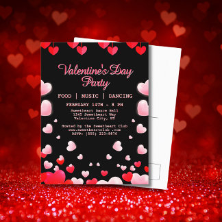 Red Pink Hearts Valentine's Party Food Music Dance Holiday Postcard