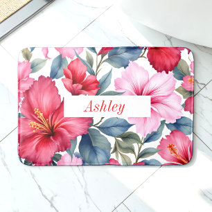 Red Pink Hibiscus Flowers Tropical Bath Mat