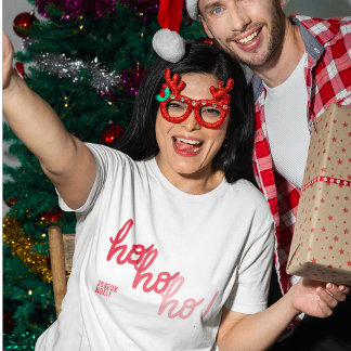 Red Pink Hohoho Joyeux Noel Typography Funny T-Shirt