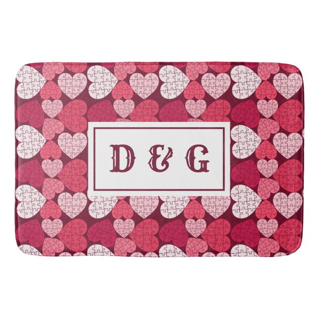 Red & Pink Jigsaw Puzzle Heart Pattern Monogram Bath Mat (Front)