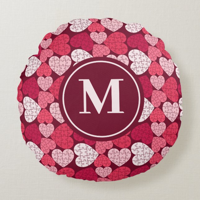 Red & Pink Jigsaw Puzzle Heart Pattern Monogram Round Cushion (Front)