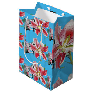 Red Pink Lily Floral Blue Wedding Cake Favor Box Medium Gift Bag