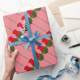 Red Pink Long Stem Roses Flowers Valentine's Day Wrapping Paper