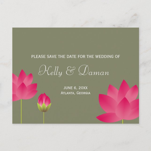 Red pink lotus flowers modern green save the date announcement postcard (Front)