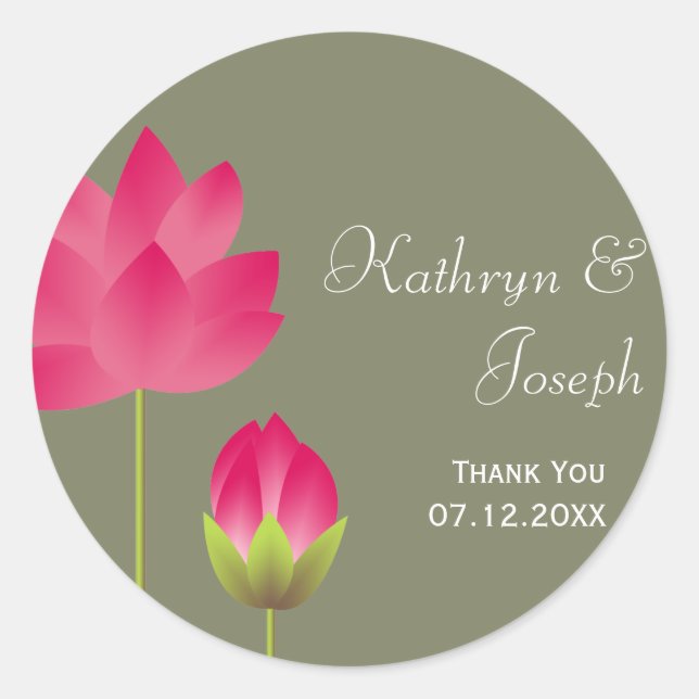 Red pink lotus flowers tea green wedding favour classic round sticker (Front)