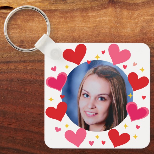 Red Pink Love Hearts Custom Photo Personalised Key Ring (Front)