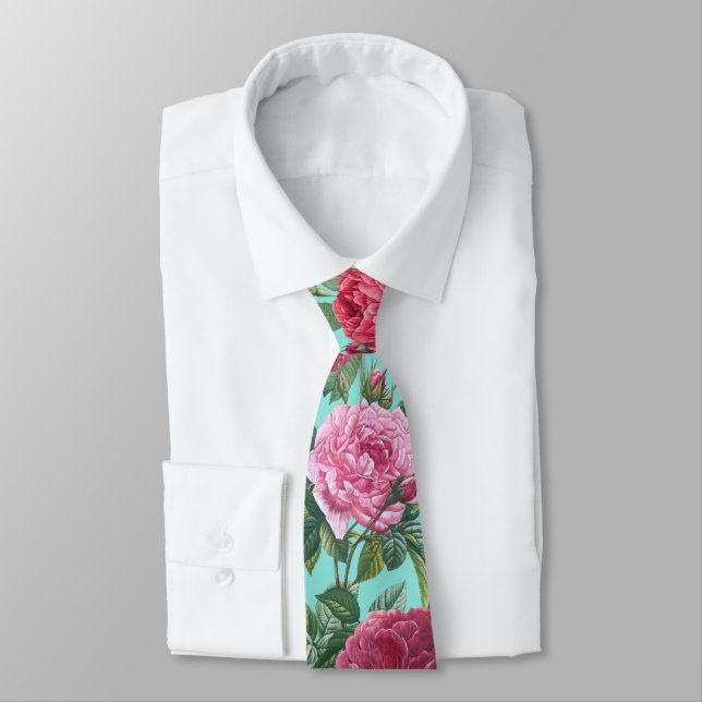 Red, Pink & Magenta Rose Flowers with Green Leaves Tie (Tied)