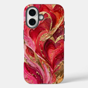 Red & Pink Marble Gold iPhone 16 phone Case