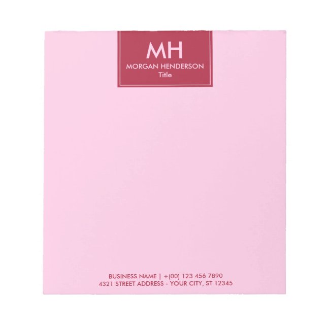 Red Pink Minimal Clean Initials Name Contact Info Notepad (Front)