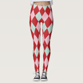 Red Pink & Mint Christmas Argyle Leggings