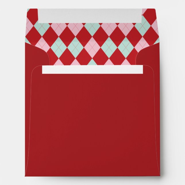 Red Pink & Mint Christmas Argyle Square Envelope (Back (Bottom))