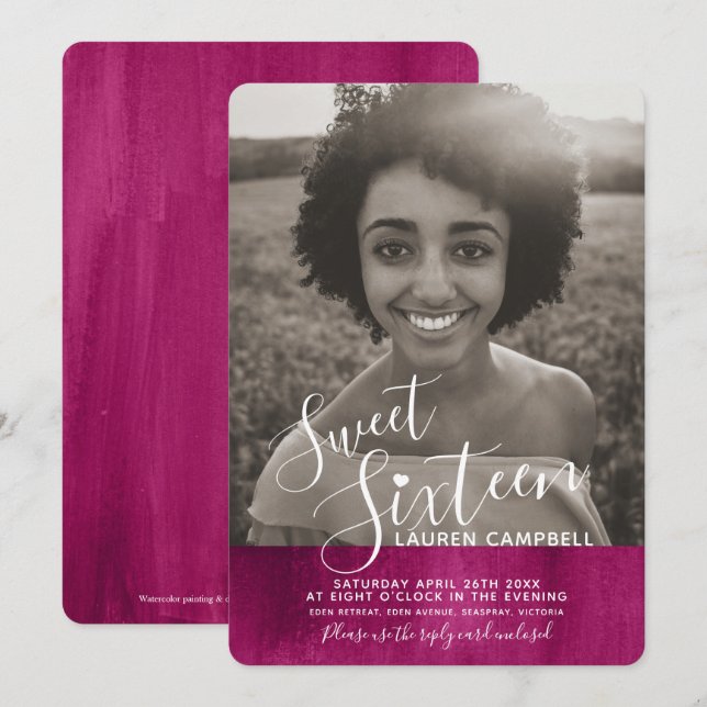 Red pink modern art sweet sixteen photo invitation (Front/Back)