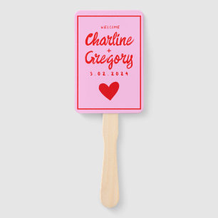 Red Pink Modern Handwritting Wedding Program Hand Fan