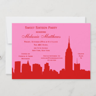 Red Pink NYC Skyline Silhouette Sweet Sixteen Invitation