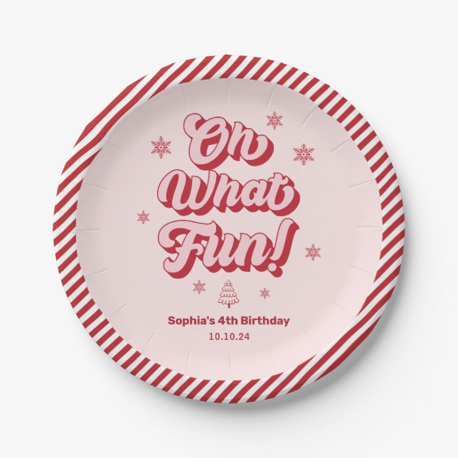 Red Pink Oh What Fun Christmas Kids Birthday Party Paper Plate (Front)
