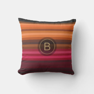 Red Pink Orange Brown Grey Chic Stripes Monogram Cushion
