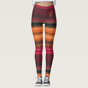 Red Pink Orange Brown Grey Girly Stripes Monogram Leggings