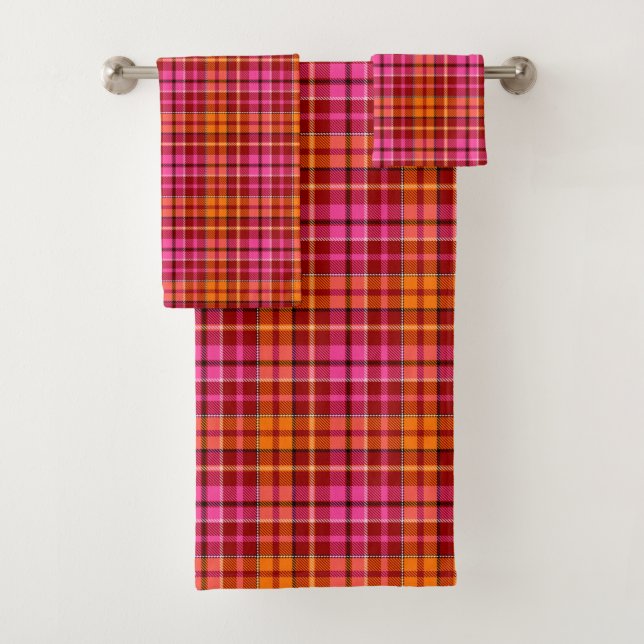Red Pink Orange Plaid Tartan Design  Bath Towel Set (Insitu)