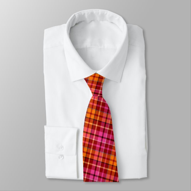 Red Pink Orange Plaid Tartan Design  Tie (Tied)