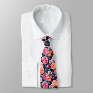 Red Pink Orange Roses Pattern Chiffon Tie