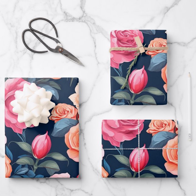Red Pink Orange Roses Pattern Chiffon Wrapping Paper Sheet (Front)