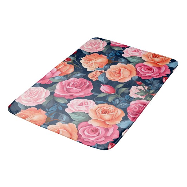 Red Pink Orange Roses Pattern Design Bath Mat (Angled)