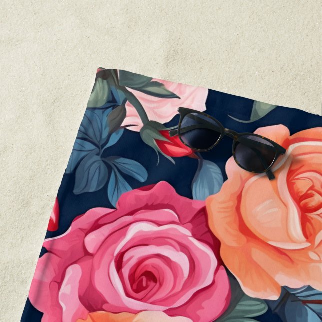 Red Pink Orange Roses Pattern Design Beach Towel (In Situ)