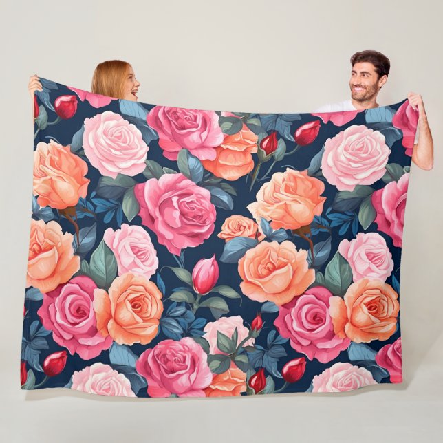 Red Pink Orange Roses Pattern Design Fleece Blanket (In Situ)